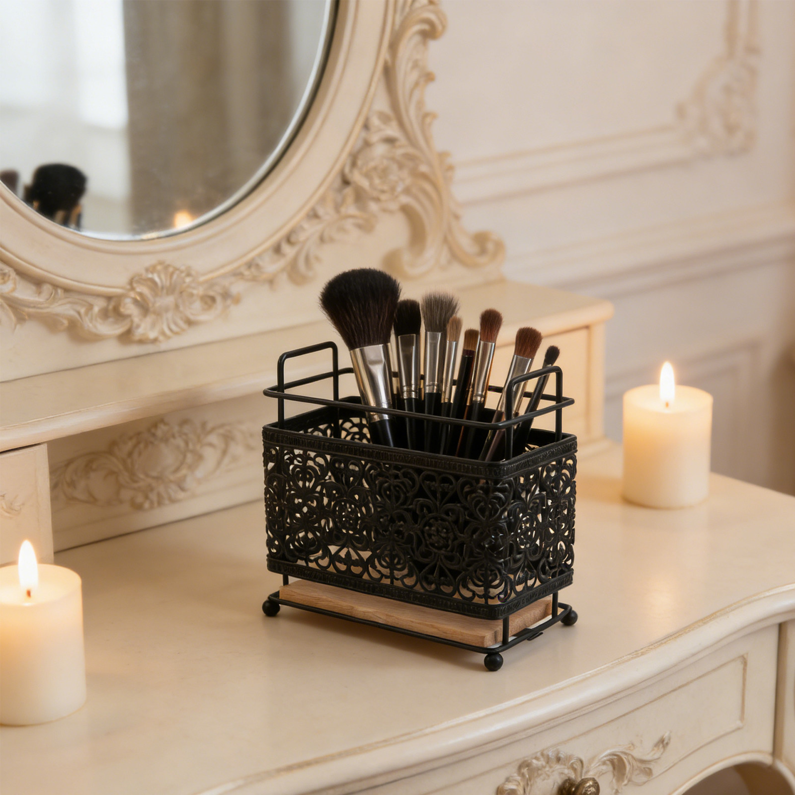 Case With Pencil Holder - Vanity Brush Holder 6.5x6.1x3.2in Black Retro